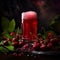 Light fruit beer and cherries on dark background. Craft cherry beer or red ale or belgian kriek in a high beer mug. Cold light