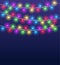 Light garlands background. Christmas party glowing color lamps, winter holidays lighting decor. Vector template for