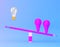 Light glow bulb floating between pink bulb on pencil seesaw on blue background. minimal idea concept.