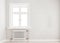 Light gray mock up wall with large window an radiator, Scandinavian style