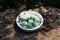 Light green ceramic tea set including jar, cups and plate on stone table under tree shadow at Ham Rong Mountain Park in Sa Pa