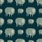 Light green colored sheep ornament seamless village pattern. Cute cartoon animals silhouettes on navy blue background