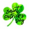 Light green-green picturesque watercolor leaf of clover trefoil. Stylish lettering - Happy St. Patrick\\\'s Day.