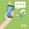 Light green poster mobile device with hand holding smartphone and common icons in background