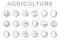 Light Grey Agriculture Round Icon Set of Wheat, Corn, Soy, Tractor, Sunflower, Fertilizer, Sun, Water, Growth, Weather, Rain,