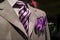 Light grey checkered jacket with purple tie