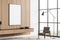 Light guest room interior with armchair and window, mockup poster