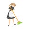 Light-haired smiling housemaid with a mop washing the floor. Vector illustration in flat cartoon style.