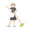 Light-haired smiling housemaid posing with a mop. Vector illustration in flat cartoon style.