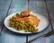 A light and healthy lunch of fish cutlets and green peas on a light plate