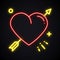 Light heart with arrow neon sign. Bright cupid arrow sign.