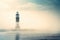 a light house sitting on top of a body of water next to a lighthouse on a foggy day in the middle of the ocean