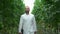 Light hydroponic farm view of man agronomist walking along greenhouse indoors spbd.