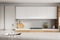 Light kitchen interior with shelf and stove blurred, mockup