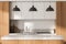 Light kitchen interior with sink and stove blurred, mockup