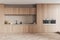 Light kitchen set interior with shelves and appliances, kitchenware