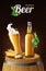 Light lager beer in glass cup and glass bottle on wood barrel with wheat, refreshing drink with white foam in 3d