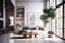 Light modern organic living room interior with big window and plants. AI generative