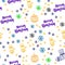 Light Multicolor vector seamless template with ice snowflakes, balls, socks, mittens.