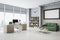 Light office interior with bright city view, clock, furniture, bookcase, empty white poster and decorative items. Mock up, 3D