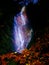 Light painting in night waterfall. White waterfall on mountain stream. Blurred foamy water