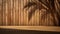 Light and Palm Tree Shadows on Wooden Panel Wall and Floor, Product Display Surface, Generative AI