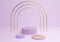 Light, pastel, lavender purple 3D rendering simple product display cylinder podiums with luxury gold arch and lines three stands