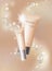 Light pearl cosmetic ad design template. Delicate beige silver skin care package tube glass. Bubble blurry defocuced