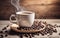 Light photo, in white and beige tones. Cup of hot coffee with steam on a wooden background. Coffee beans. Cozy homely