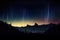 light pillars and moonlit mountain range silhouette