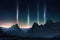 light pillars and moonlit mountain range silhouette