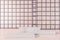 Light pink ad space with metal lattice wall and three podiums