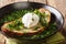 Light portuguese green soup Acorda with poached bread and egg close-up in a plate. horizontal