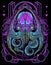 Light Purple colour Cybernetic octopus monster with vintage sacred geometry background