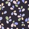 Light purple, pink, blue, yellow flat leaves on dark background. Seamless  pattern