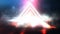 Light pyramid triangle. Neon triangle in the center, light, rays, smoke.