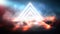 Light pyramid triangle. Neon triangle in the center, light, rays, smoke.