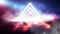 Light pyramid triangle. Neon triangle in the center, light, rays, smoke.