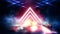 Light pyramid triangle. Neon triangle in the center, light, rays, smoke.
