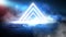 Light pyramid triangle. Neon triangle in the center, light, rays, smoke.