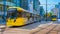 Light rail Metrolink tram in the city center of Manchester in the UK