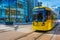 Light rail Metrolink tram in the city center of Manchester in the UK