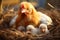 A light red haired mother chicken tenderly cares for her fluffy chicks in a hay nest