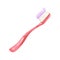 Light red toothbrush with extruded purple toothpaste. Personal, oral hygiene supplies, toiletries.