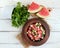 Light refreshing dietary gourmet salad with fresh watermelon, cucumbers and feta cheese