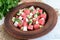 Light refreshing dietary gourmet salad with fresh watermelon, cucumbers and feta cheese