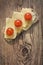 Light Sandwich With Edam Cheese Slices And Cherry Tomatoes Set On Old Knotted Rough Pine Wood Table Surface