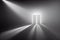 Light and shadows pass through the doors in the gray room. Life beyond. Astral. AI-generated