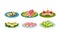 Light Snacks and Bites Served on Plates Side View Vector Illustrations Set