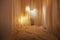 Light, soft transparent curtains in room. Canopy around bed with gentle light and blurring in evening. Boudoir. Concept